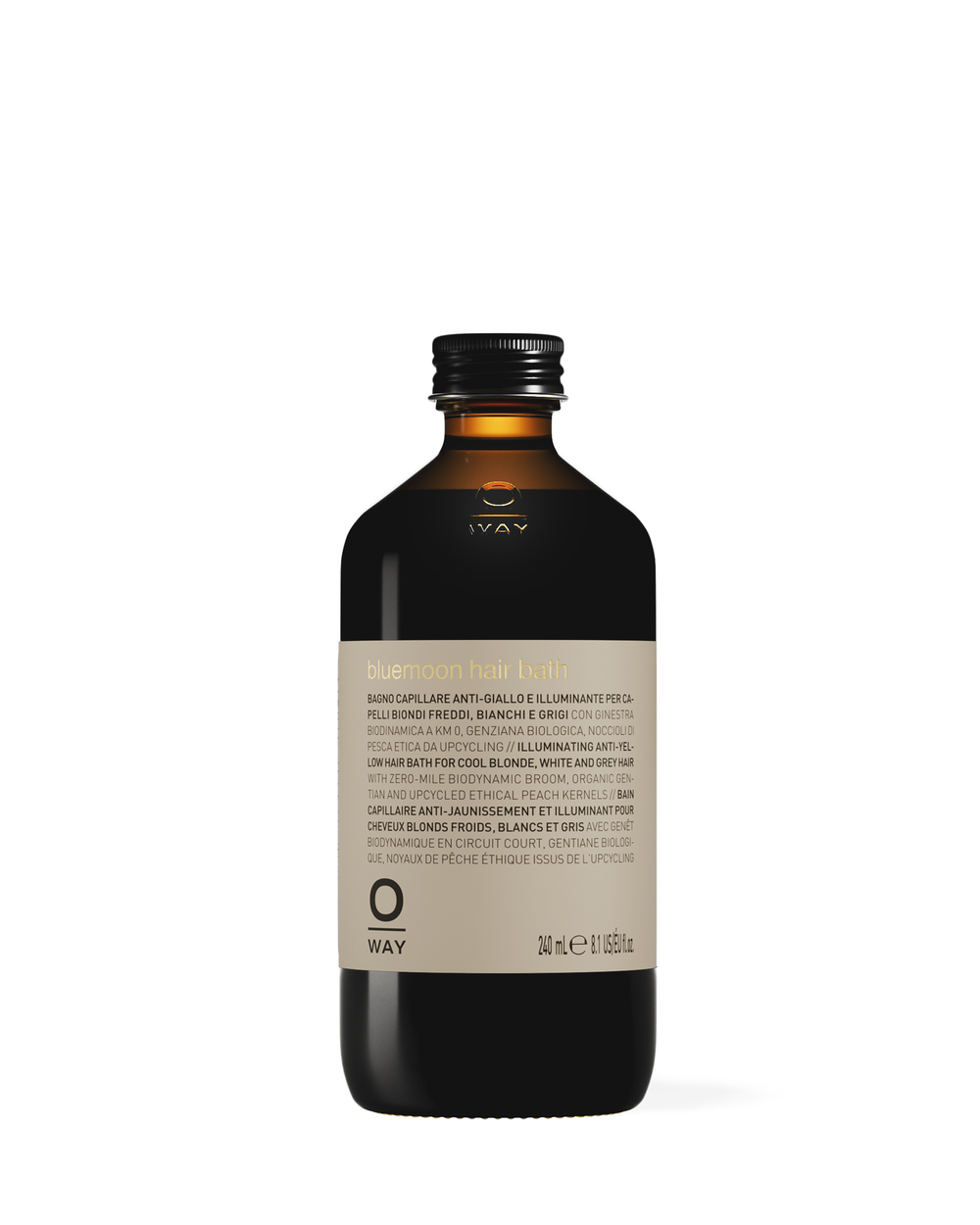 A bottle of bluemoon hair bath with a label that includes scientific ingredients listed in black text on a beige background.