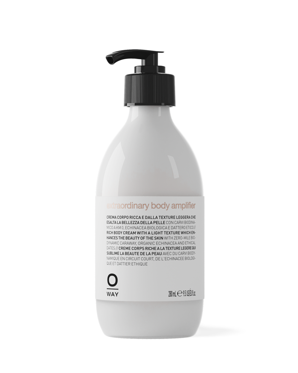 A pump bottle of body cream with a white label, minimalistic design, and text that includes 'ordinary body amplifier'.