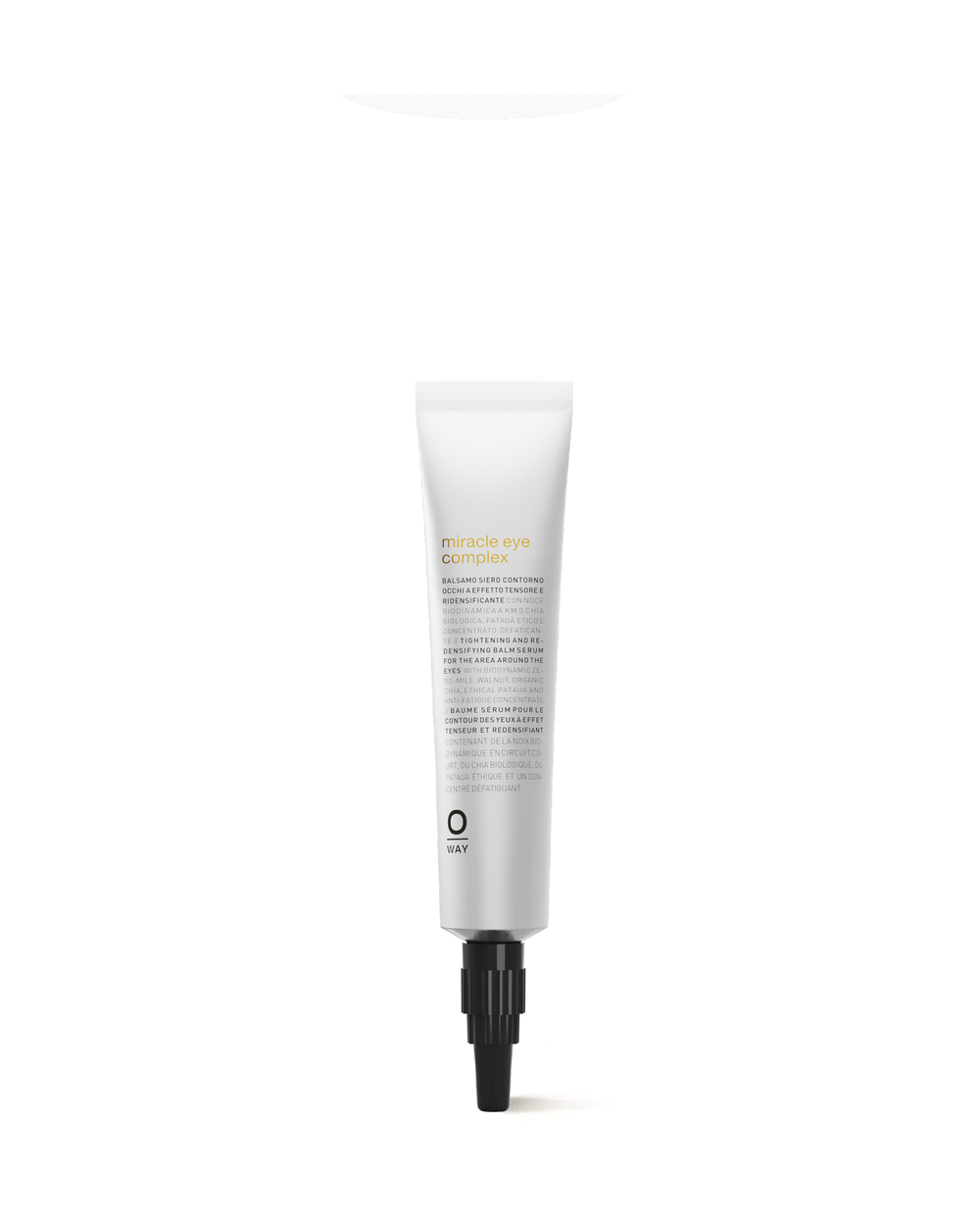 A tube of Oway Miracle Eye Complex balm serum with a black cap, primarily white label with text, positioned against a white background.