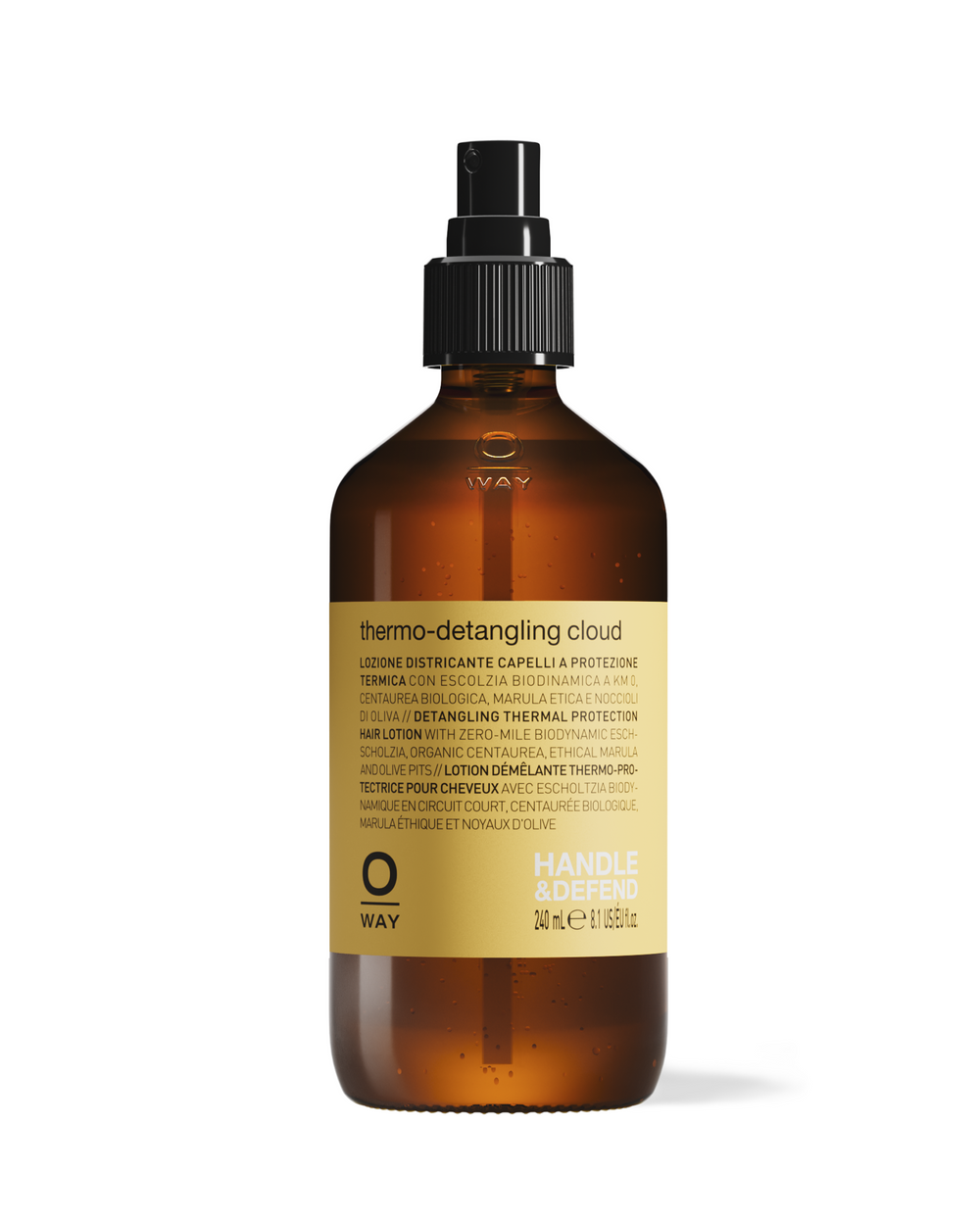 A bottle of Oway brand thermo-detangling cloud hair lotion with a spray nozzle, on a white background.