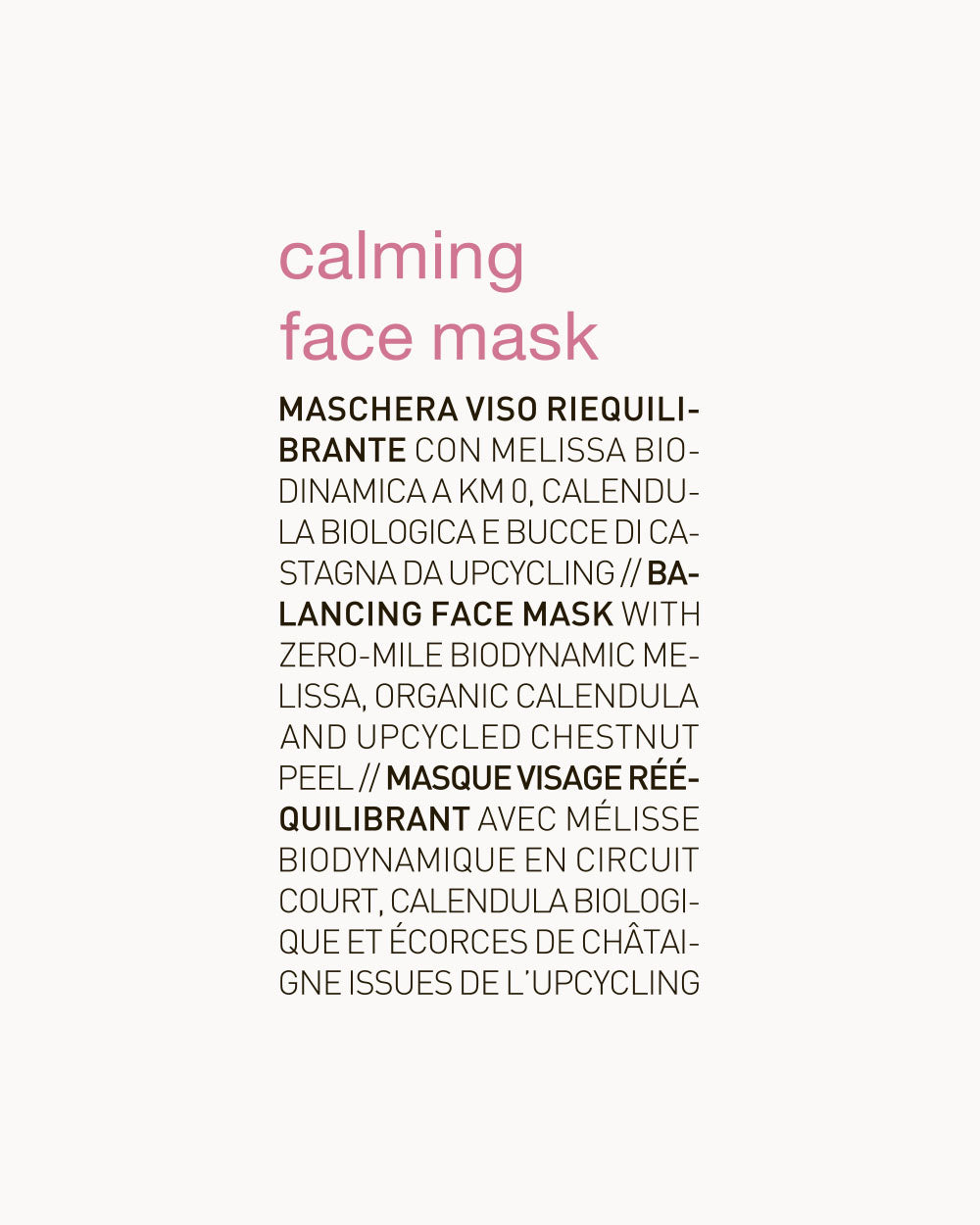 Product label for a calming face mask with text on a white background mobileonly