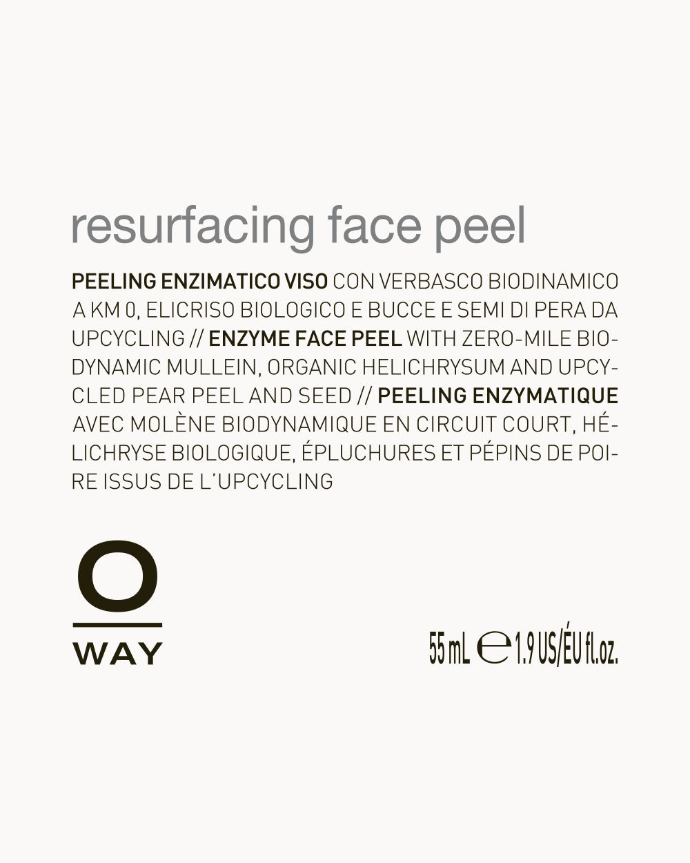 Product label for 'resurfacing face peel' by O Way on a white background mobileonly
