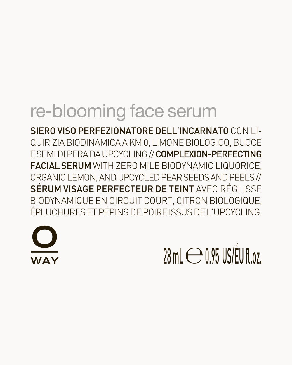 Oway re-blooming face serum label with product details on a white background mobileonly