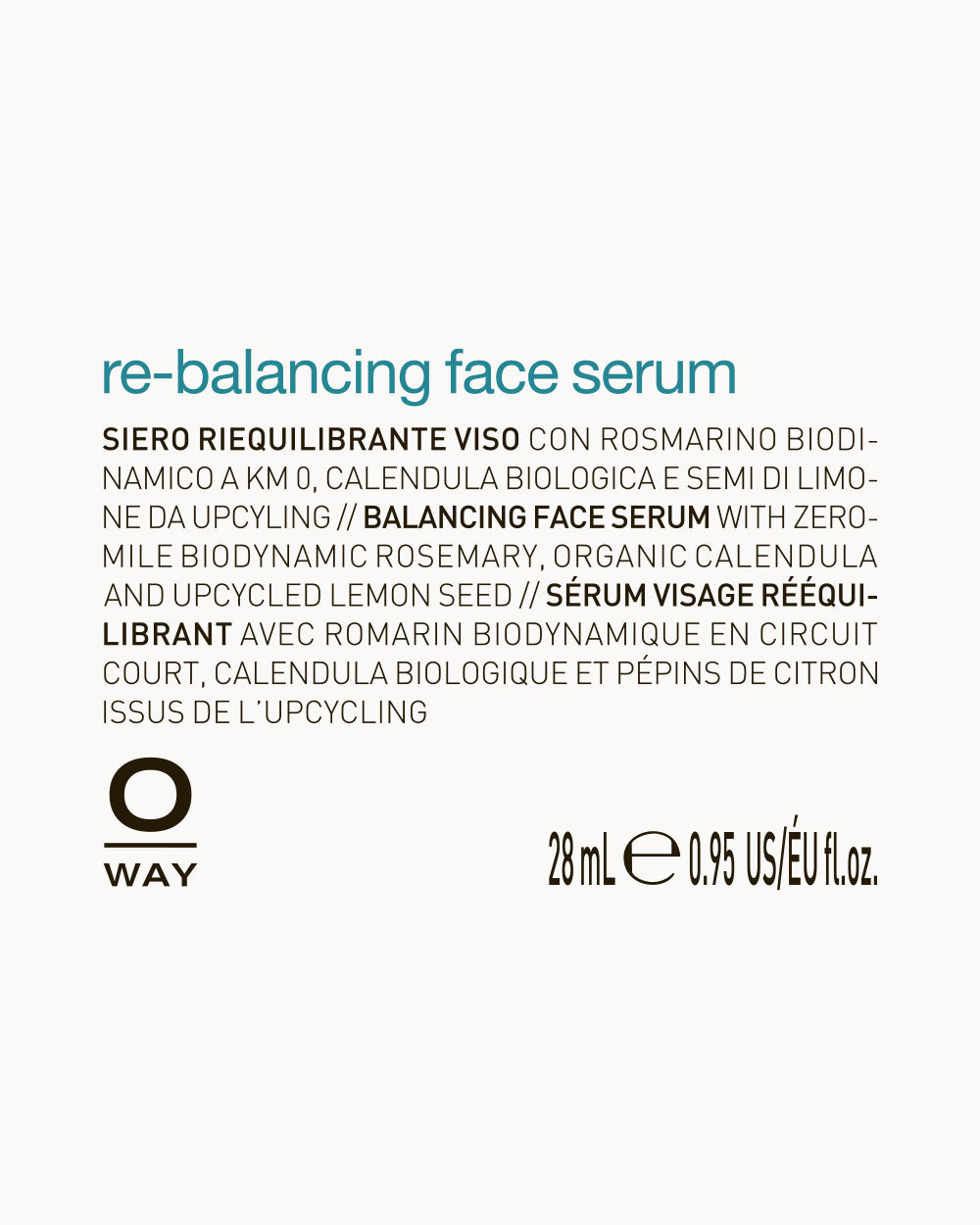 Oway re-balancing face serum label with text and branding on a white background mobileonly
