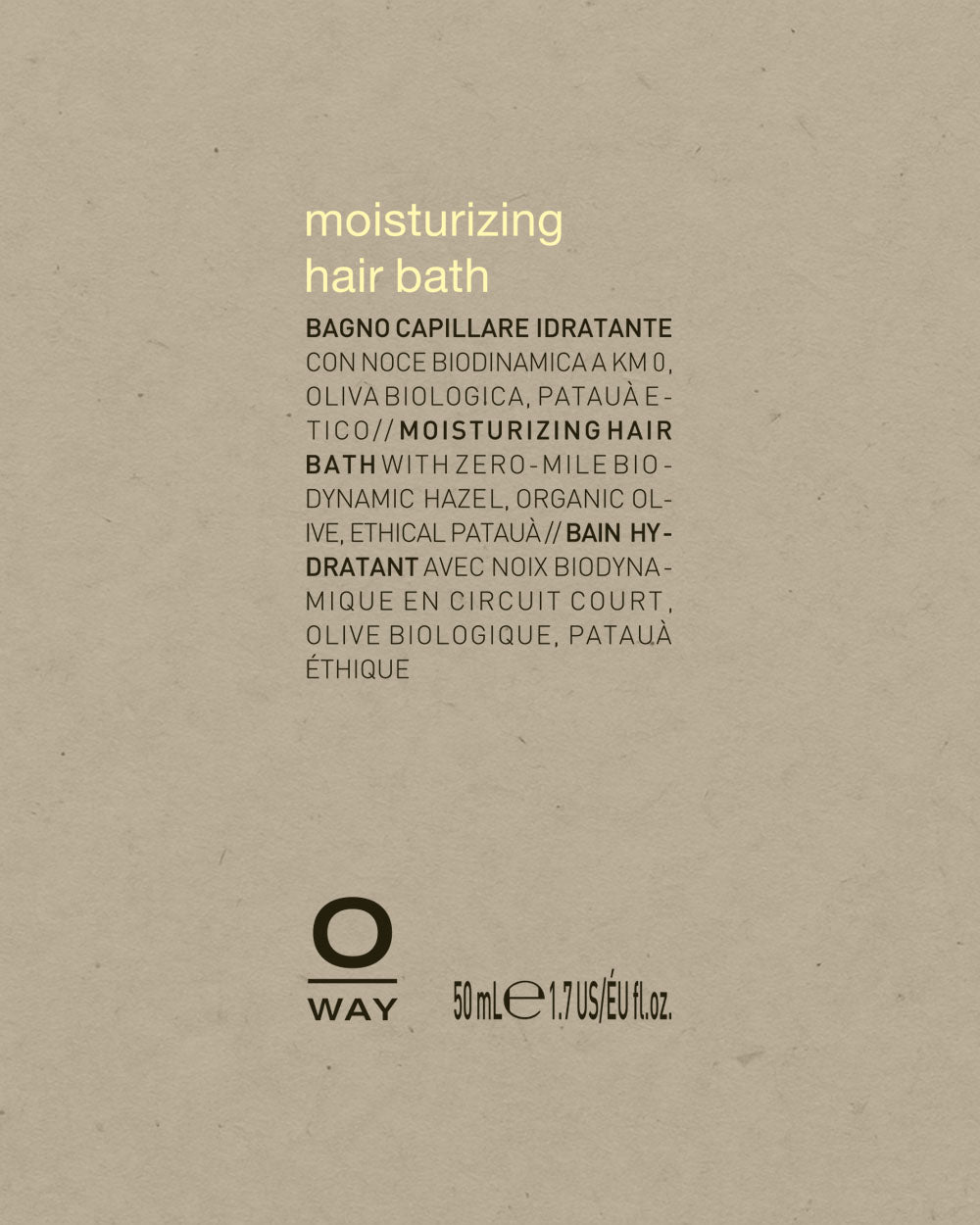Product label for 'moisturizing hair bath' by O Way on a beige background