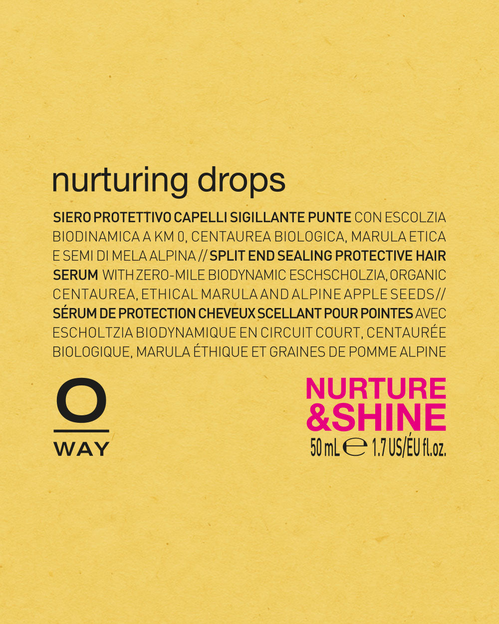 Product packaging for oway 'nurturing drops' hair serum with text on a yellow background mobileonly