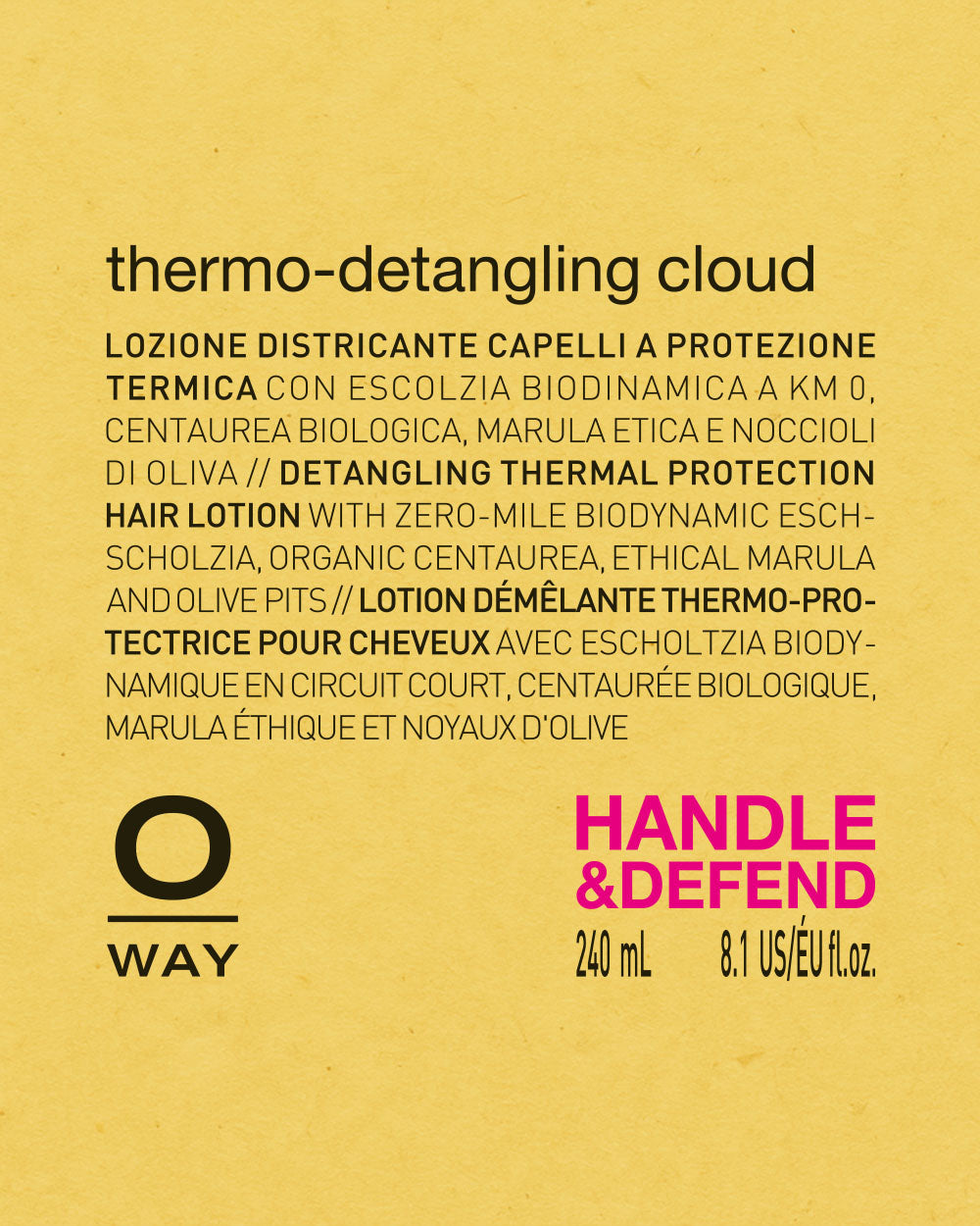 Product label for 'thermo-detangling cloud' hair lotion by Oway on a yellow background. mobileonly