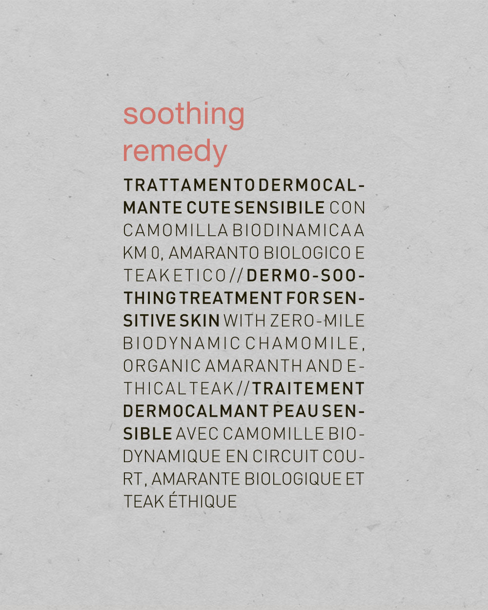 Text on a gray background describing a soothing remedy for sensitive skin with various ingredients.