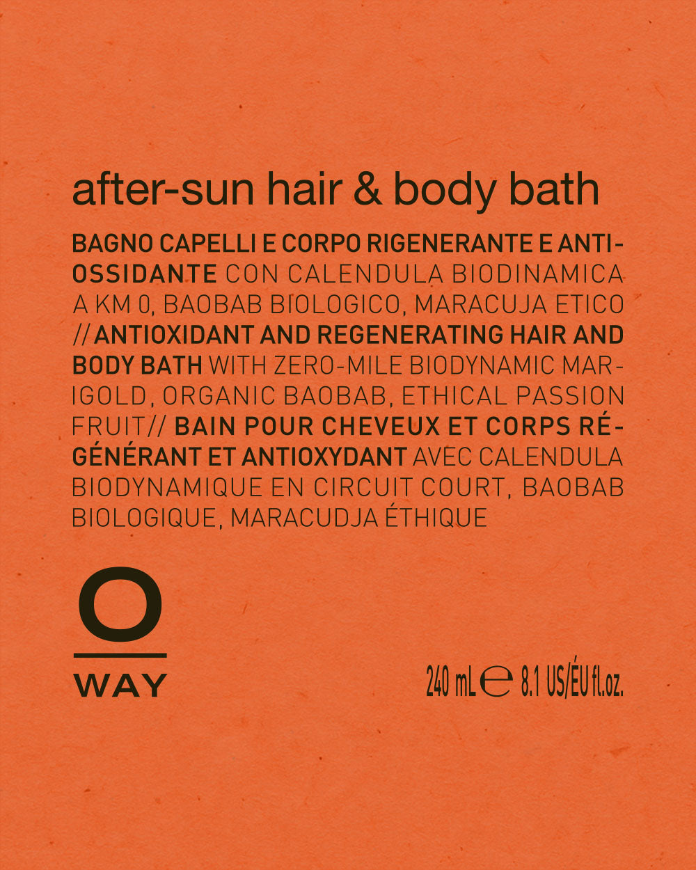 Orange label for O'Way after-sun hair and body bath with black text and logo. mobileonly