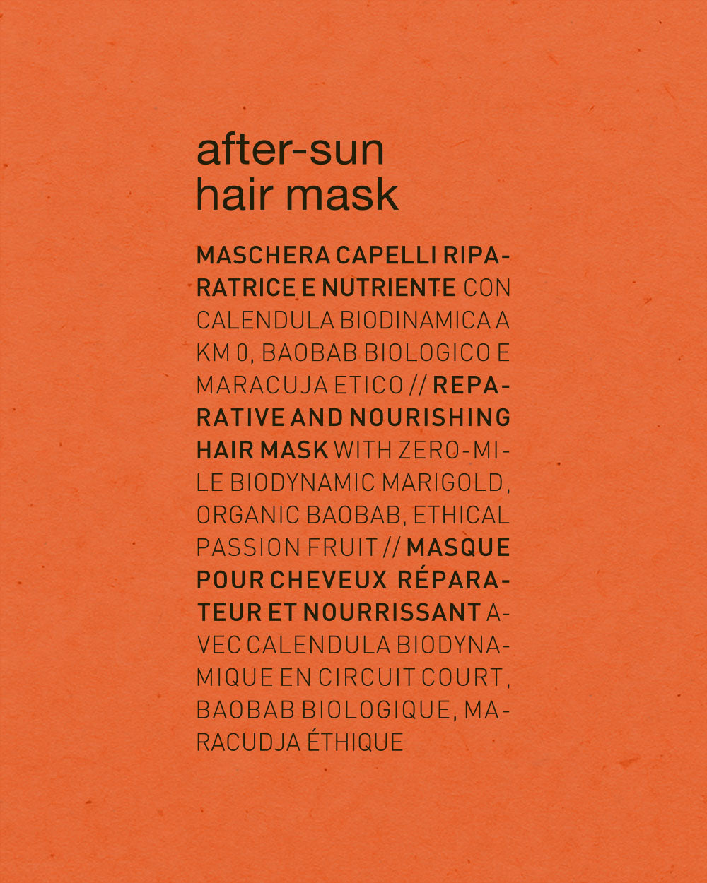 Orange background with black text describing an after-sun hair mask. mobileonly