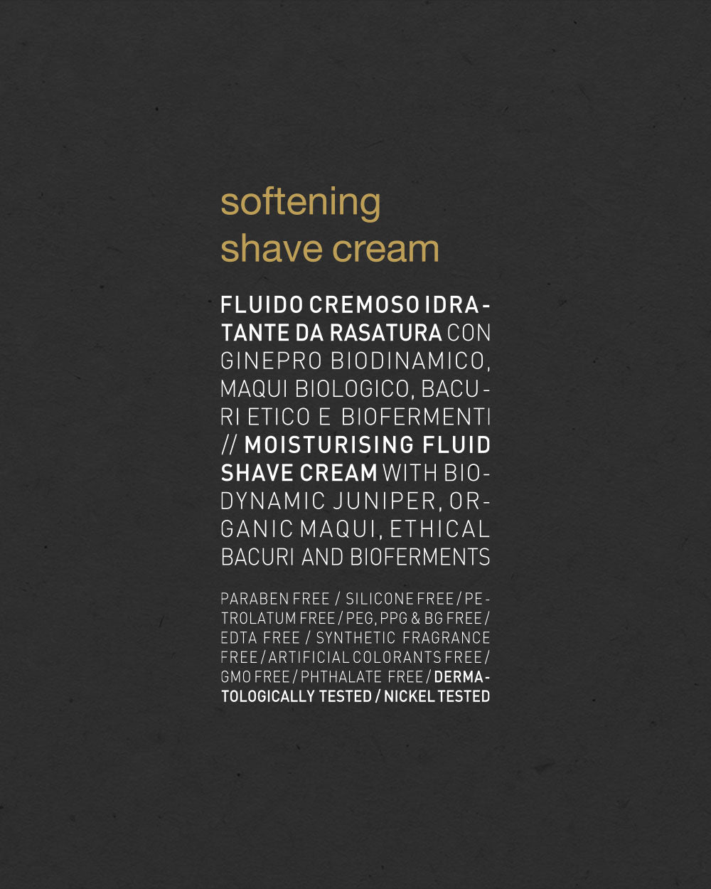 Text on a dark background describing a shaving cream product with various certifications. mobileonly