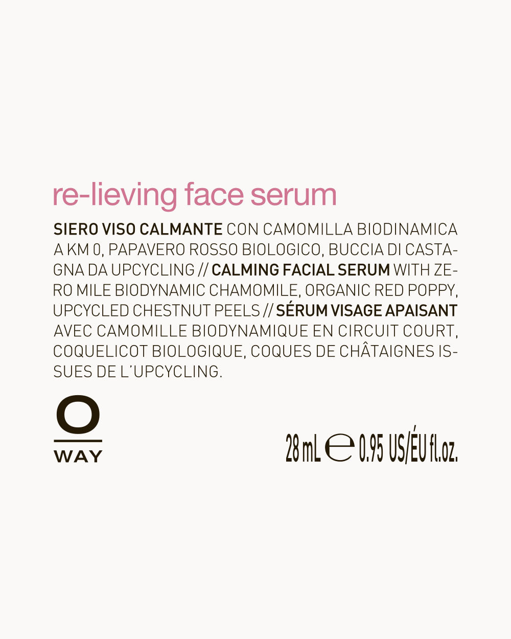 Oway re-lieving face serum label with product details on a white background mobileonly