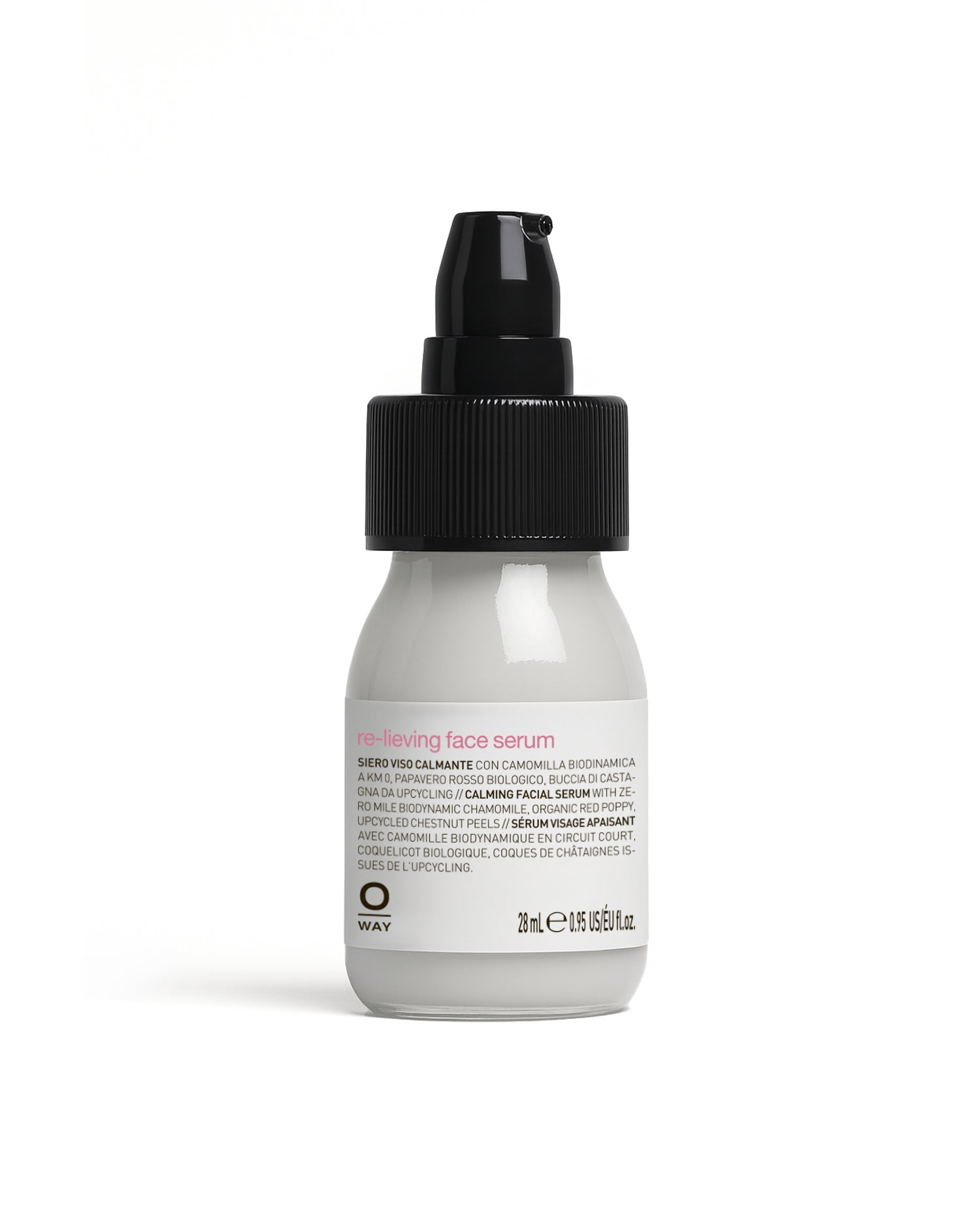 White bottle of face serum with black cap on a white background