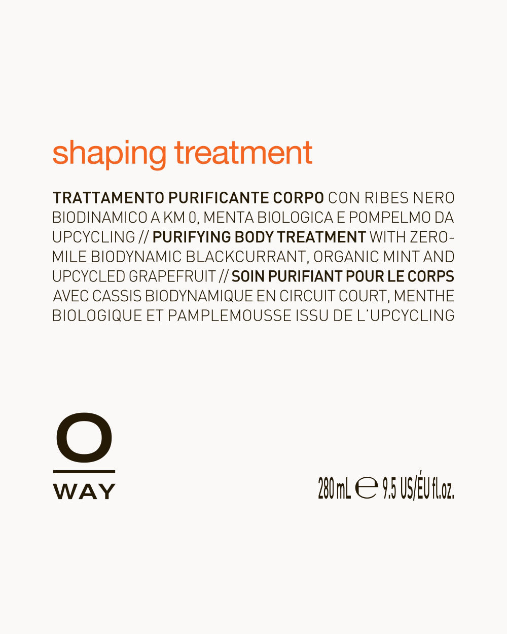 Product label for 'shaping treatment' by Oway with text and branding on a white background. mobileonly