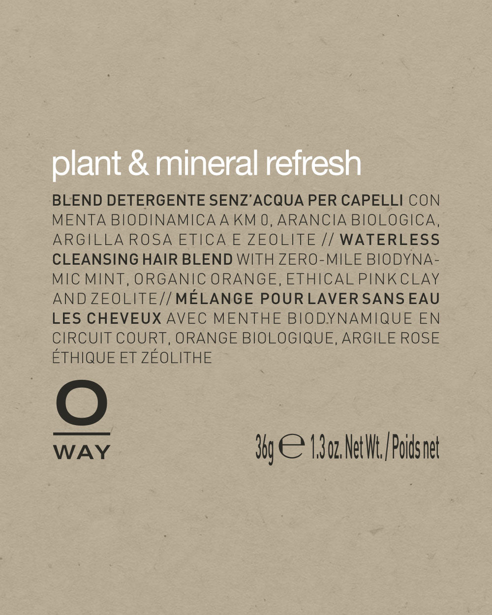 Product label for 'plant & mineral refresh' hair blend by Oway on a beige background. mobileonly