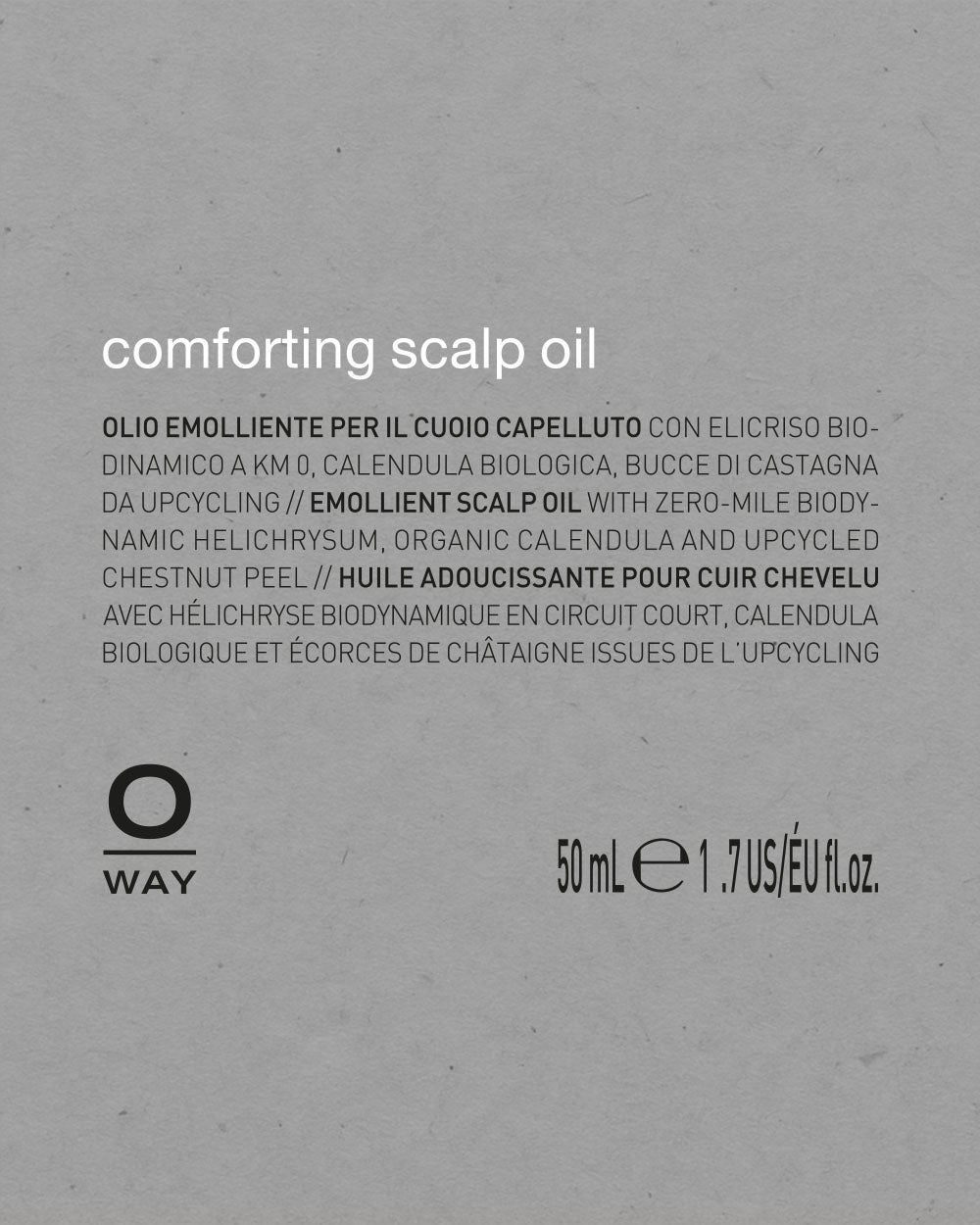 Label for Oway comforting scalp oil on a gray background mobileonly