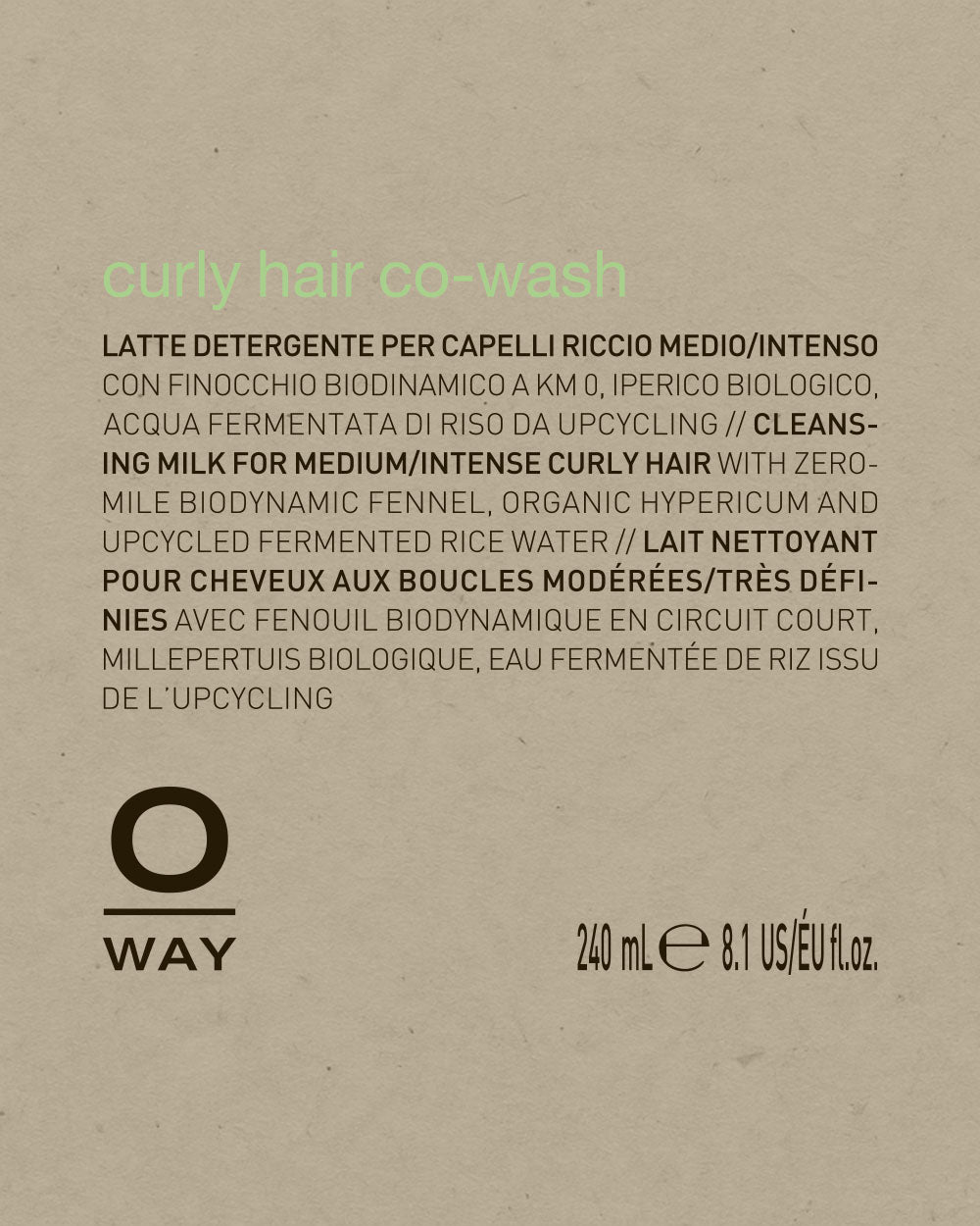 Product label for 'curly hair co-wash' by O Way on a beige background mobileonly