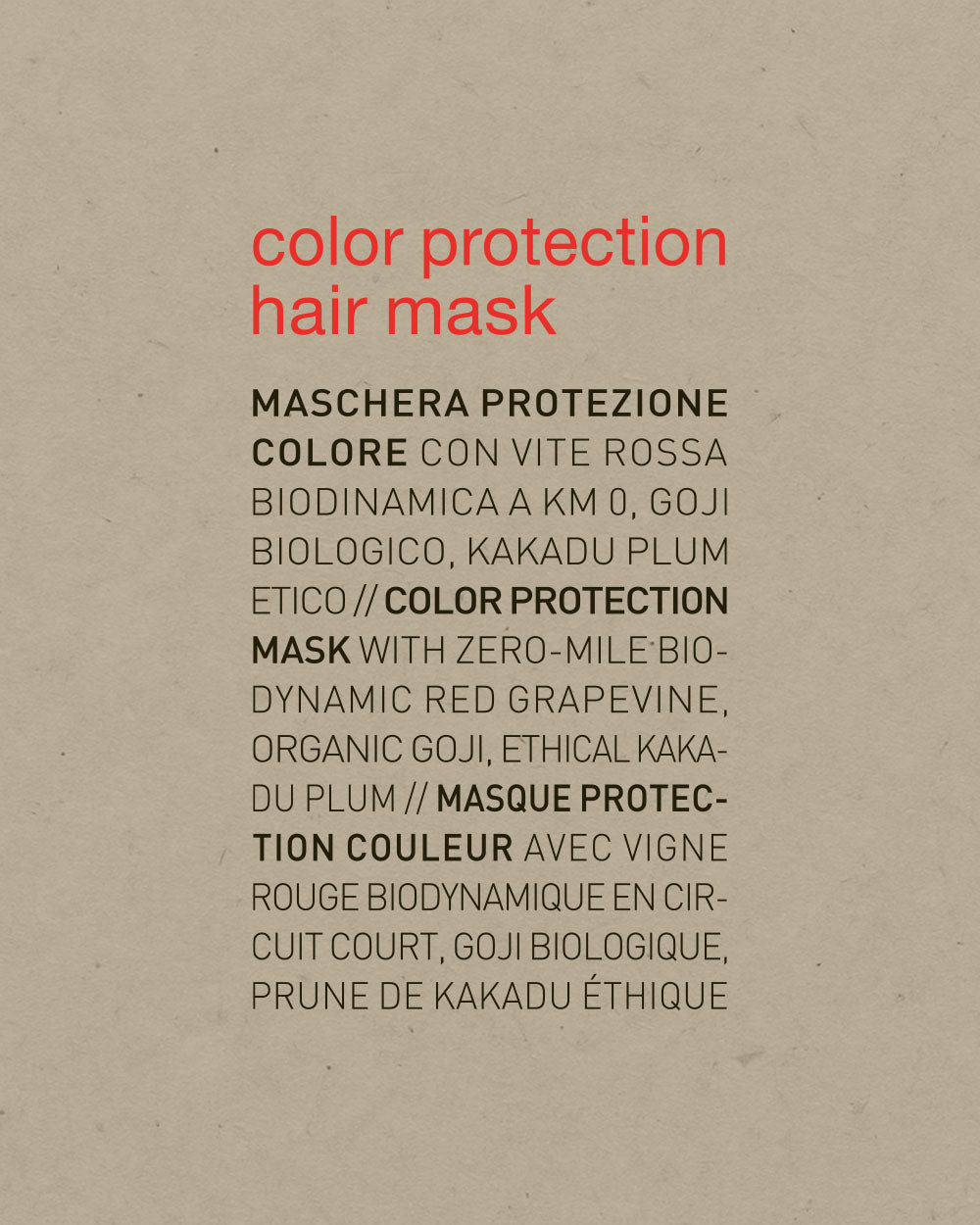 Product packaging for 'color protection hair mask' with text on a beige background mobileonly