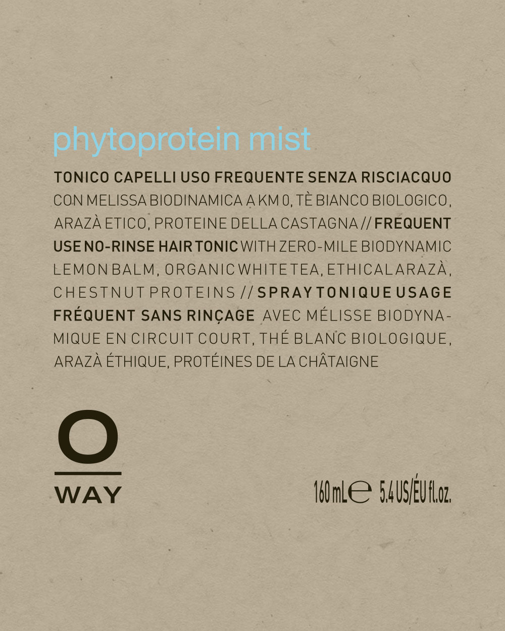 O Way phytoprotein mist label on a beige background mobileonly