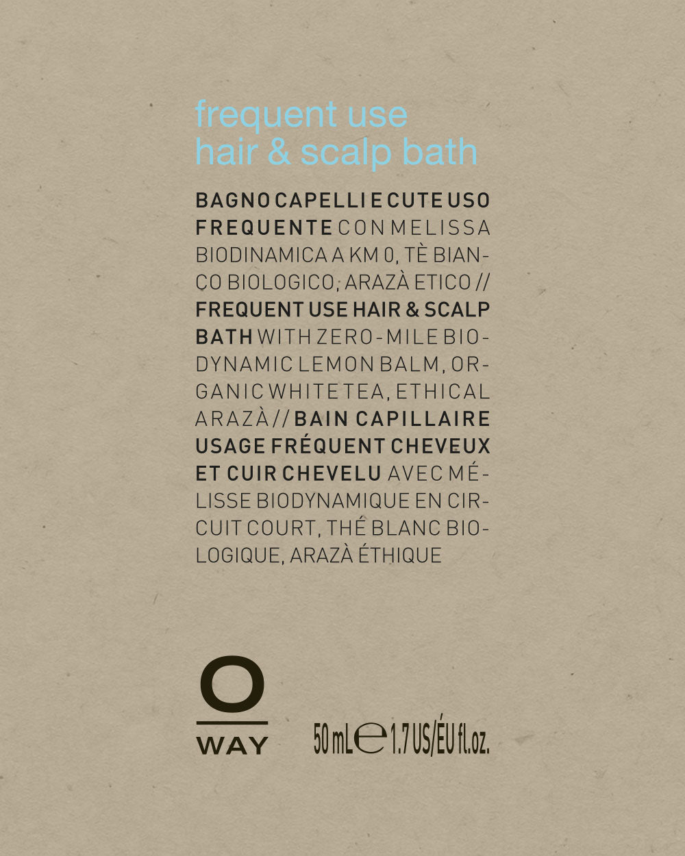 Product packaging for 'O Way' hair and scalp bath with text on a beige background mobileonly