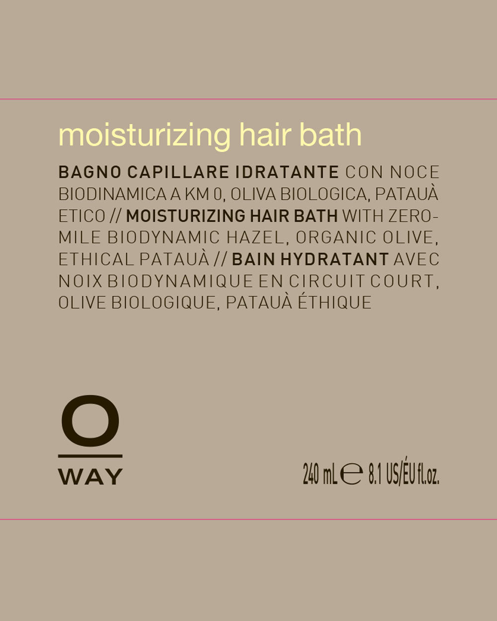 Moisturizing hair bath packaging with text and Oway logo on a beige background mobileonly