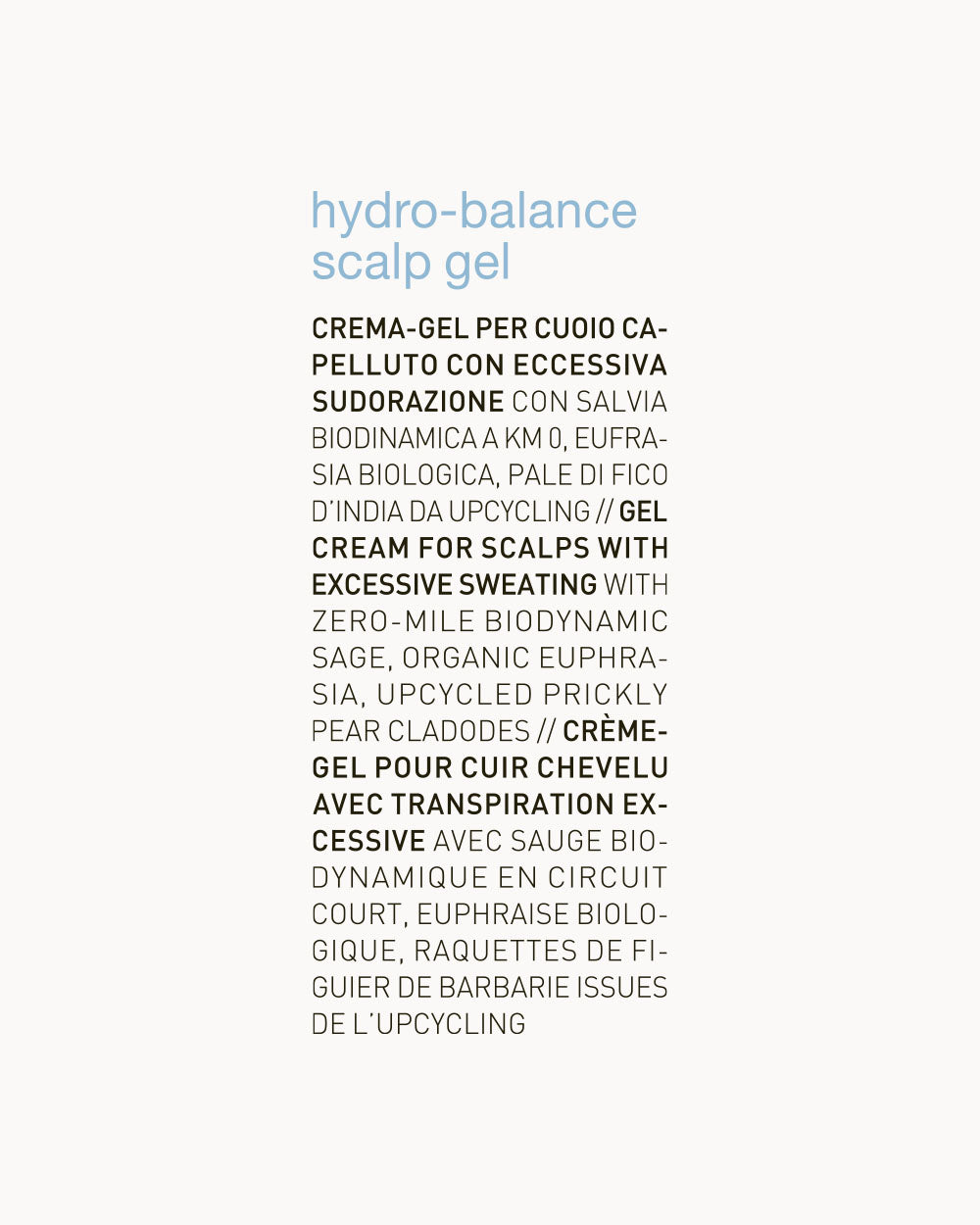 Product label for 'hydro-balance scalp gel' with text details on a white background mobileonly mvis
