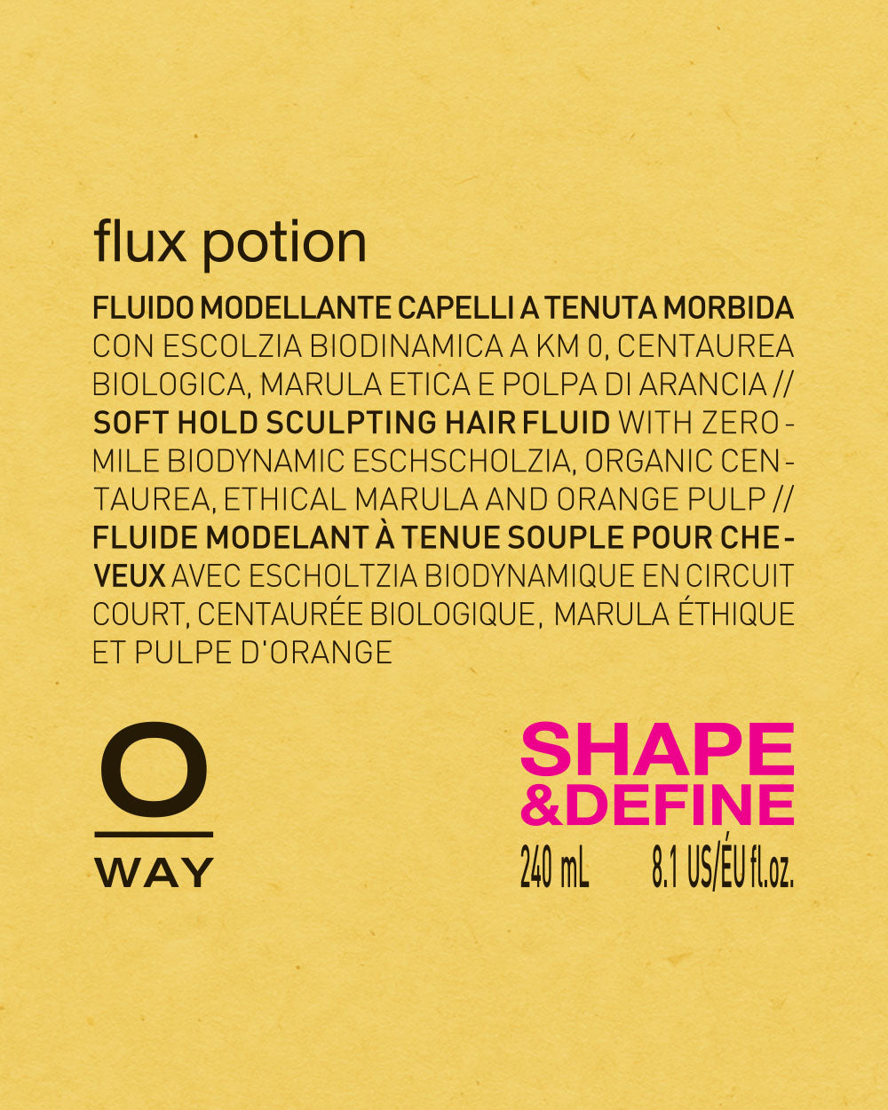 Product label for 'oway flux potion' hair fluid with text and branding on a yellow background mobileonly