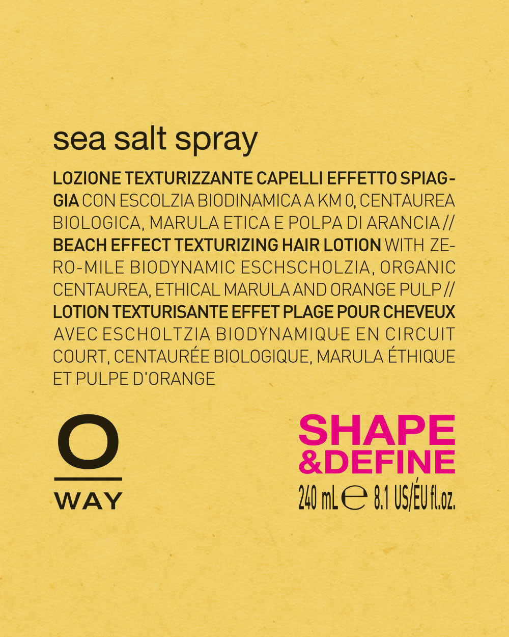 Product label for 'OWay' sea salt spray on a yellow background mobileonly