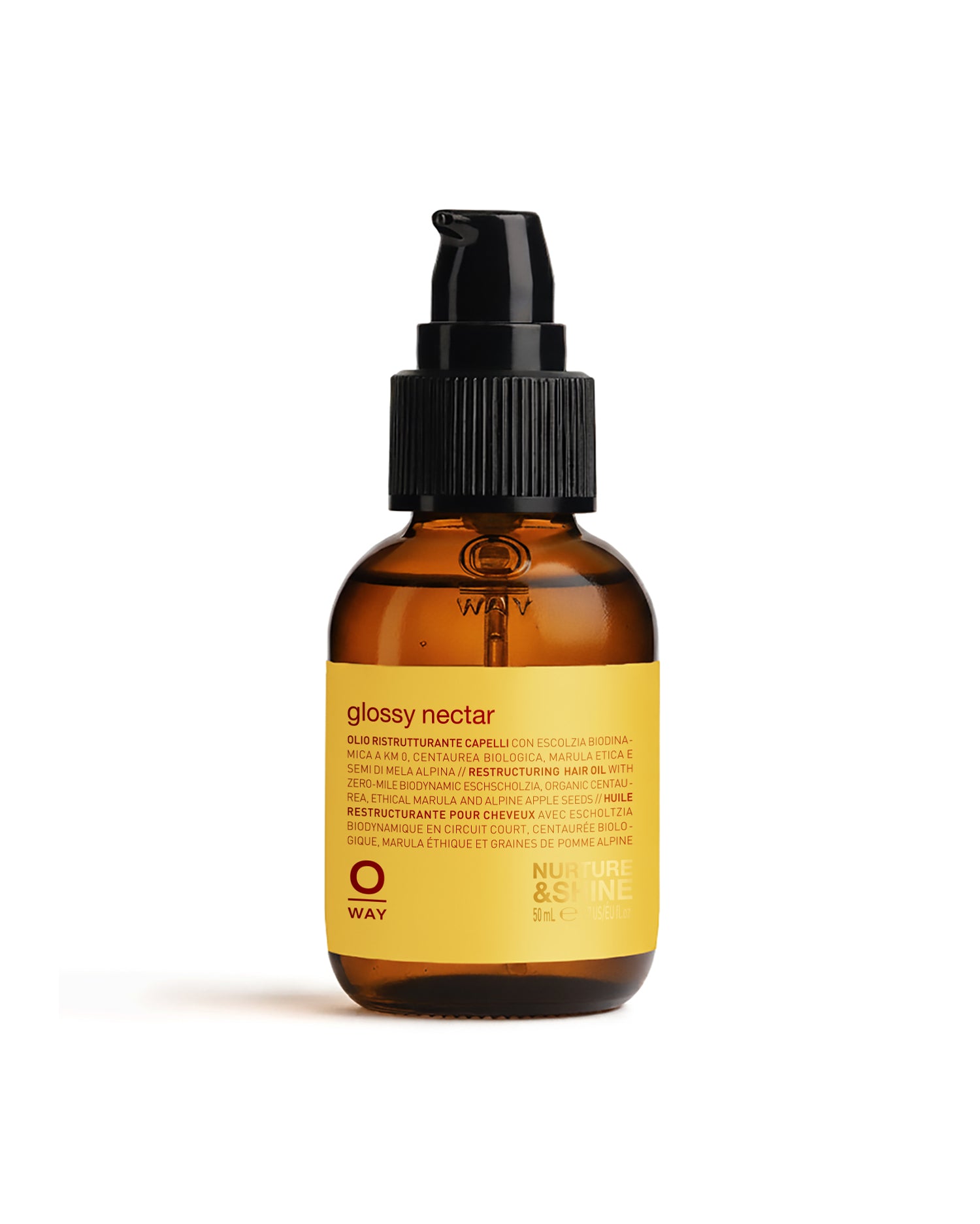 Brown bottle with black pump and yellow label on a white background
