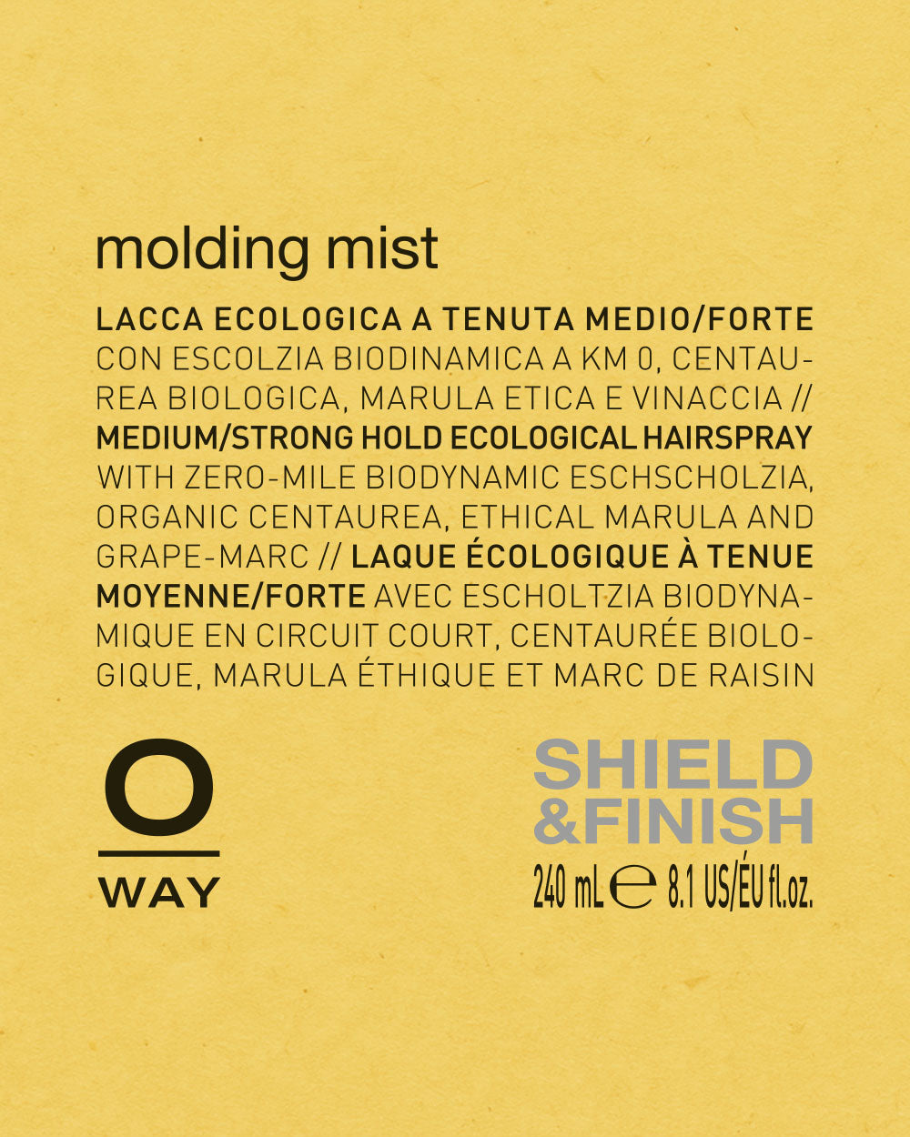 Product label for oway 'molding mist' with text and branding on a yellow background mobileonly