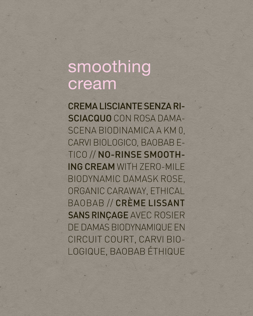 Text on a beige background describing 'smoothing cream' with various ingredients listed. mobileonly