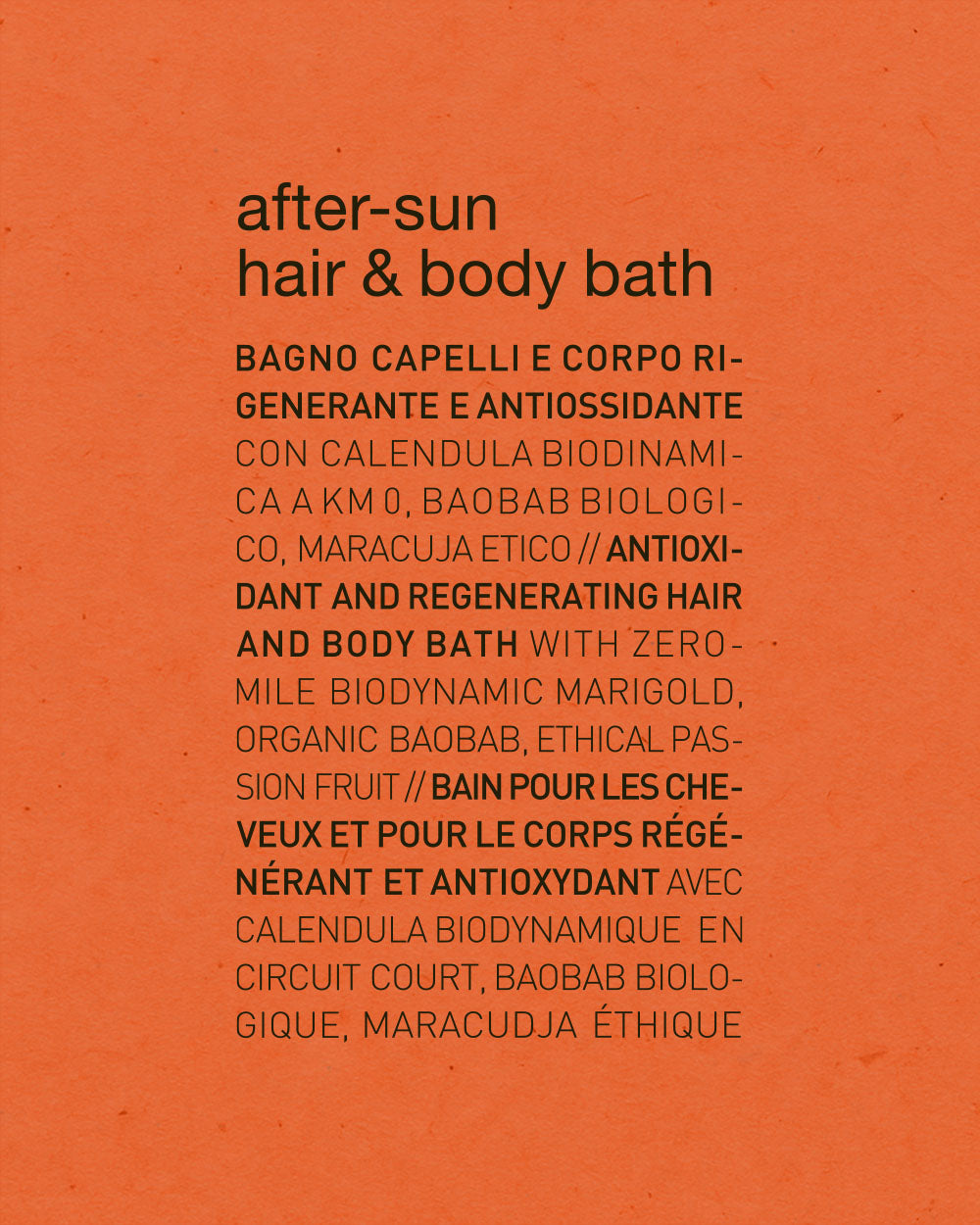 Text on an orange background describing a hair and body bath product with various ingredients listed. mobileonly