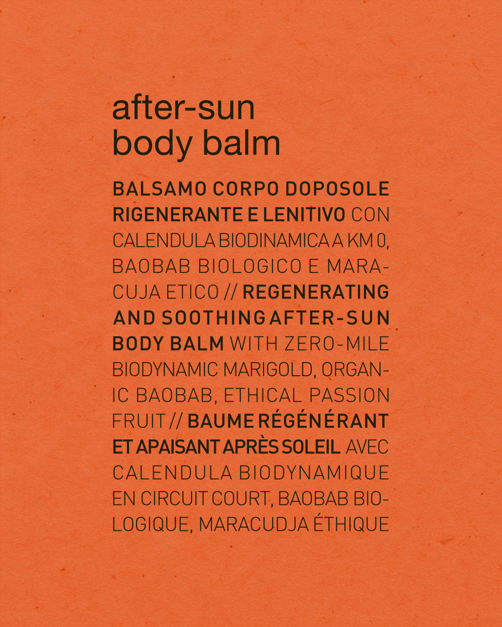 Orange background with black text describing an after-sun body balm. mobileonly