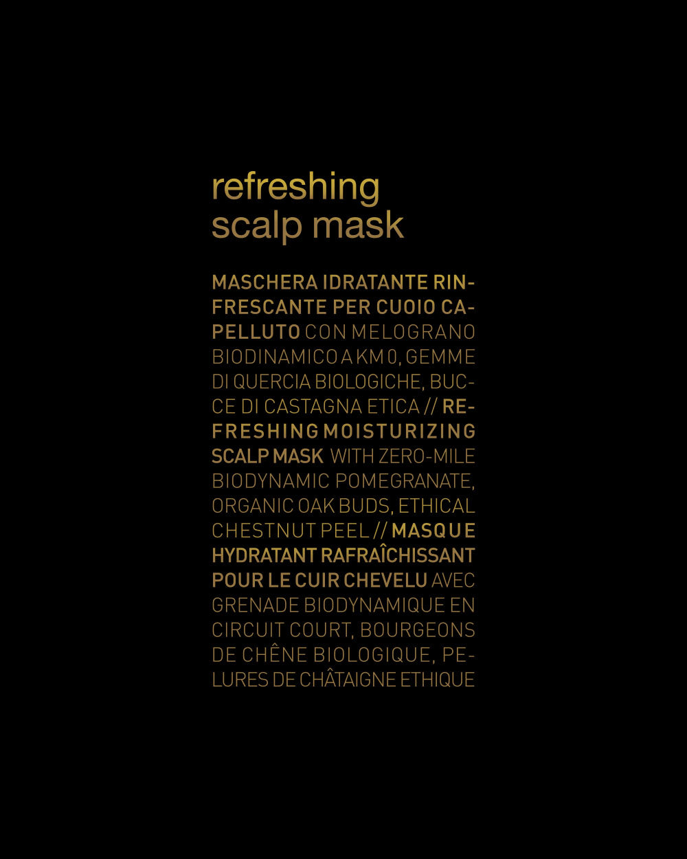 Product label for a refreshing scalp mask with text on a black background mobileonly