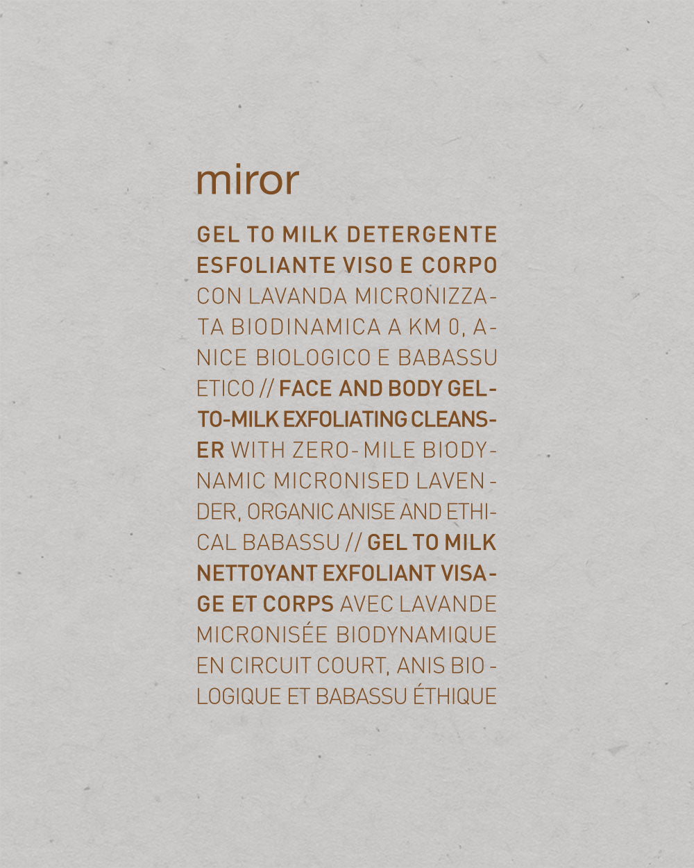 Product label for 'mirror' gel to milk detergent on a textured gray background mobileonly