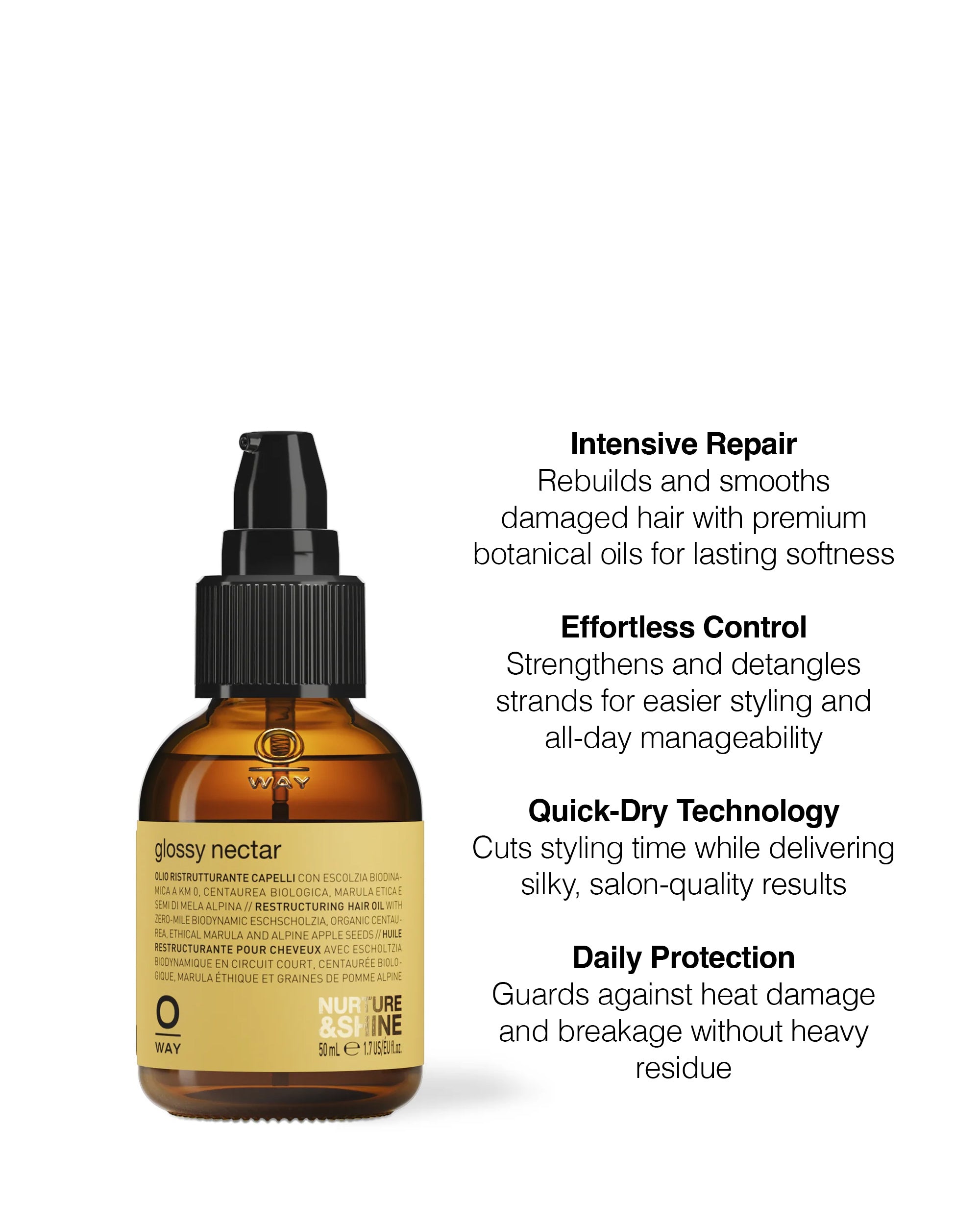glossy nectar: restructuring hair oil 50ml | OWAY